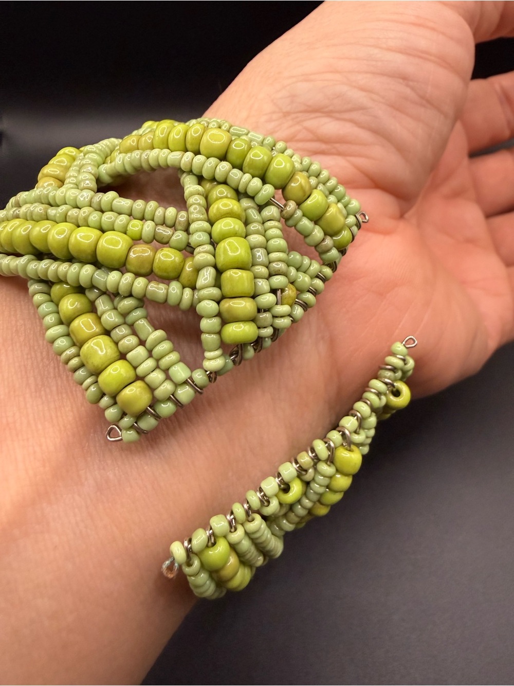 Bold Lime Green Beaded Multi-Strand Necklace with Matching Cuff Bracelet Set - Picture 8 of 10